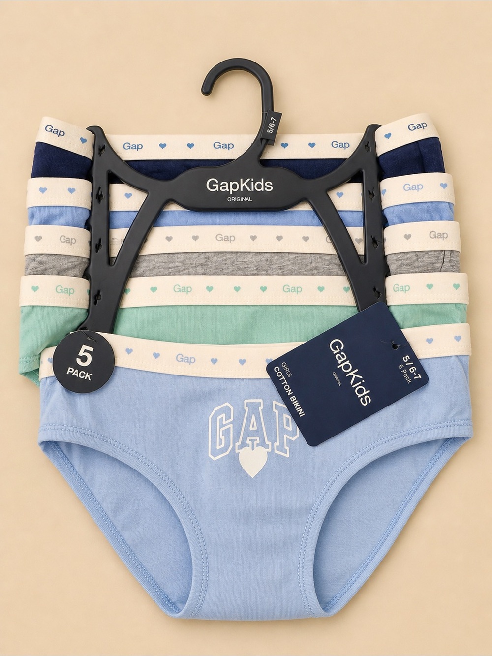 GAP Kids 5-Pack Cotton Bikini Briefs in Light Blue, Navy, Gray, Mint, Cream